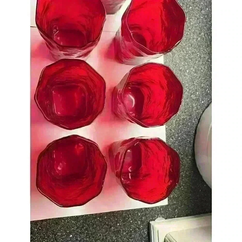 7 Vintage Ruby Red Morgantown Seneca Crinkle Driftwood Juice Mid Century glasses